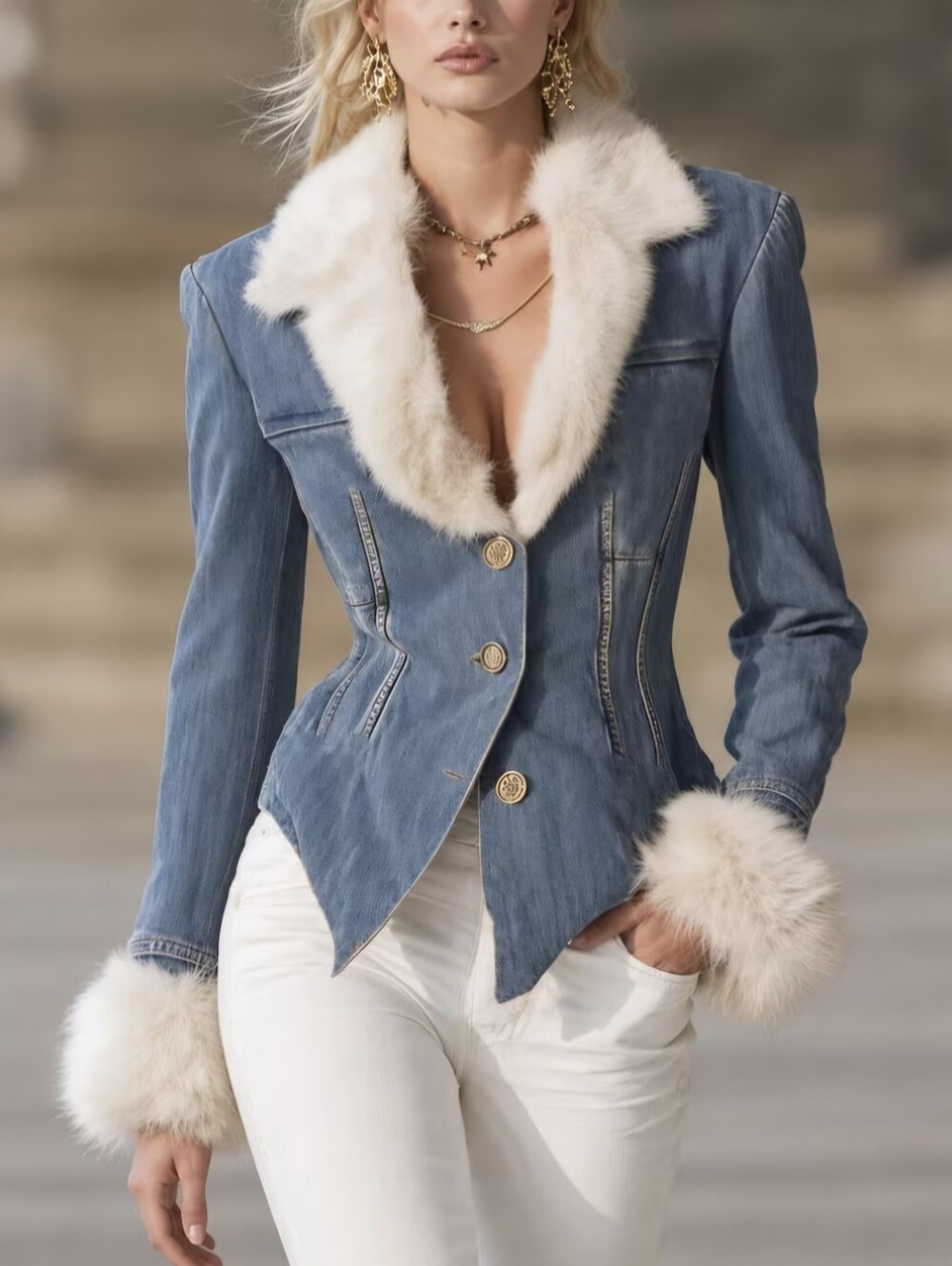 Women'S Light Wash Denim Blazer, Fitted Cinched-Waist Jean Jacket with Faux